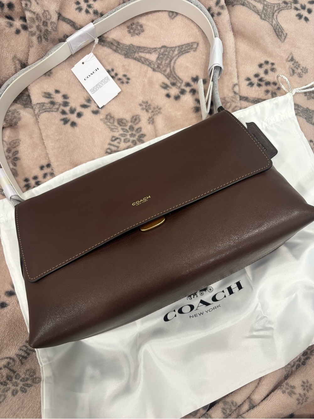 Coach Brown Leather Shoulder Bag with White Strap